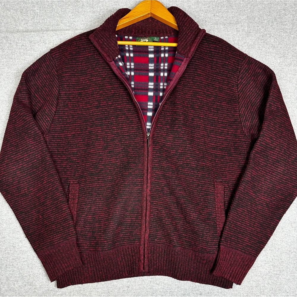 Full Zip Sweater Coat‎ Large Burgundy Marled Rib Knit Plaid Fleece Lined Pockets